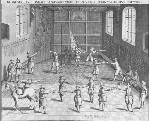 De schermschool in 1610. Prent van Woudanus
